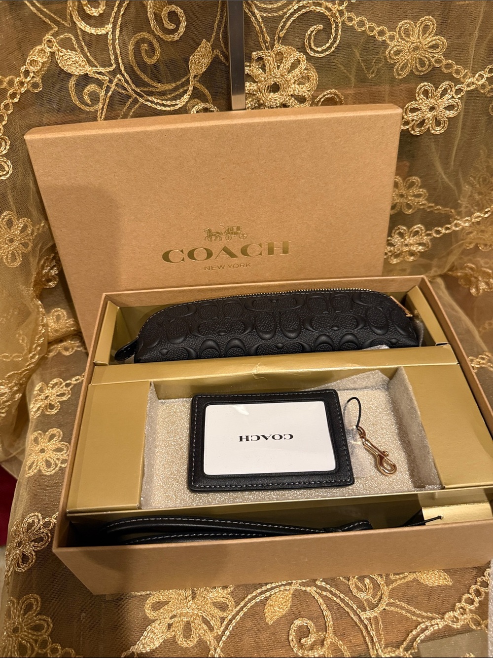 Coach Black Leather C embossed Accessory Set with Gold Hardware